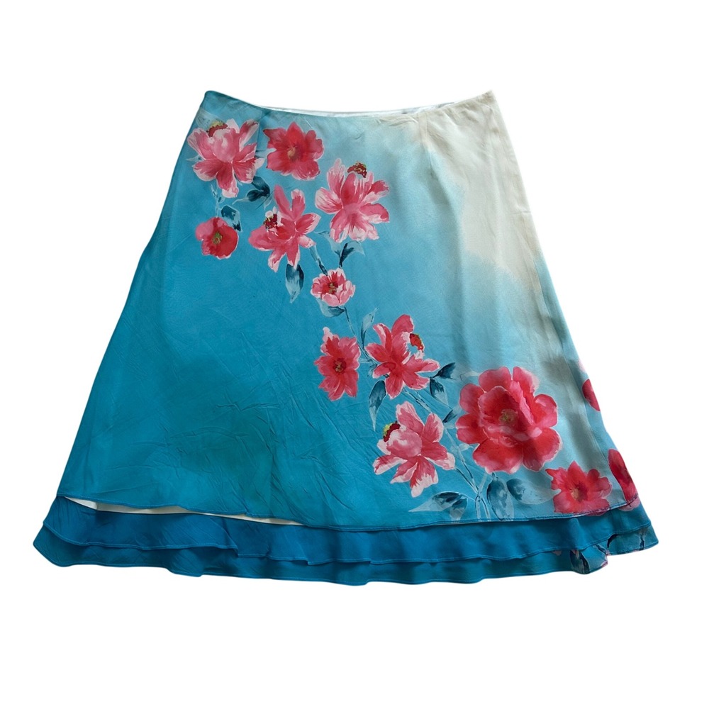 Ann Taylor Blue Pink Floral 100% Silk Chiffon Ruffle Hem Midi Skirt Size 12